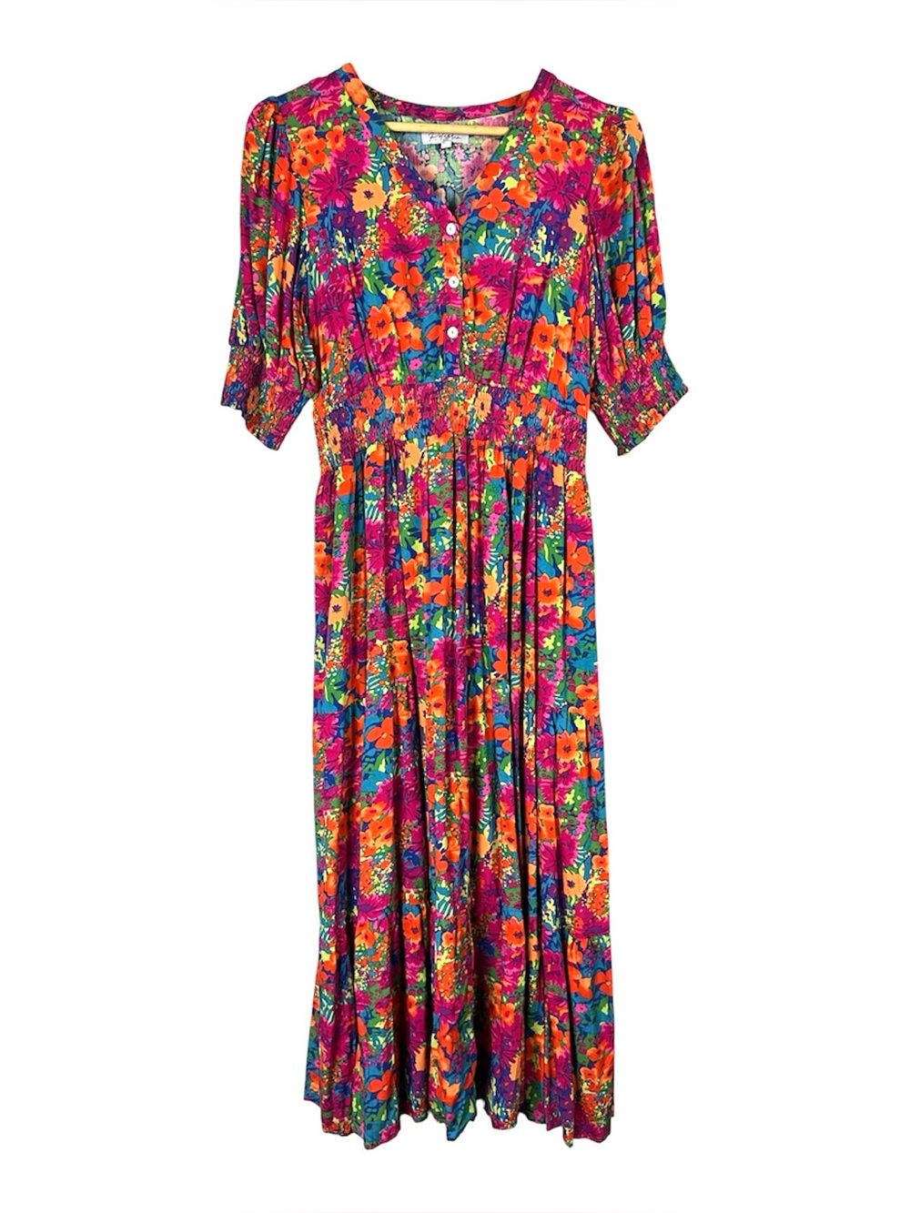 Floral Smocked Waist Midi Maxi Dress Puff Sleeve Button Front V-Neck Size M